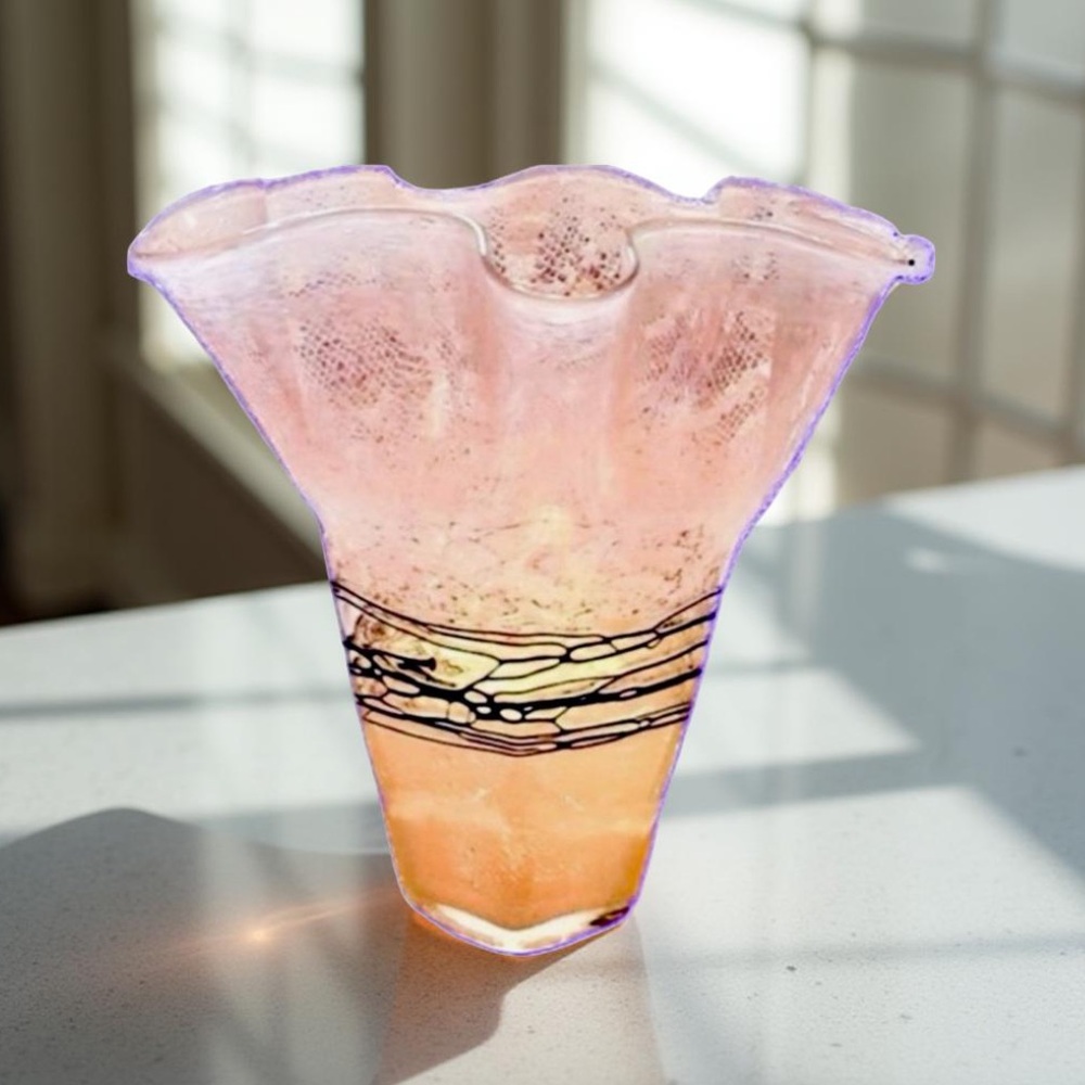 Art Glass Pink and Black Vase Handkerchief Vase Handcrafted fused glass NWOT